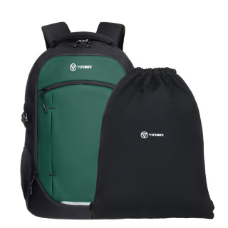 Рюкзак TORBER CLASS X, чёрно‑зелёный, 46 x 32 x 18 см + Мешок для сменной обуви в подарок!