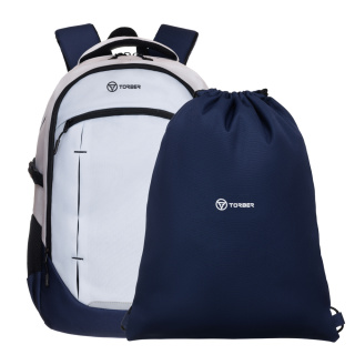 Рюкзак TORBER CLASS X, серо‑синий, 46 x 32 x 18 см + Мешок для сменной обуви в подарок!